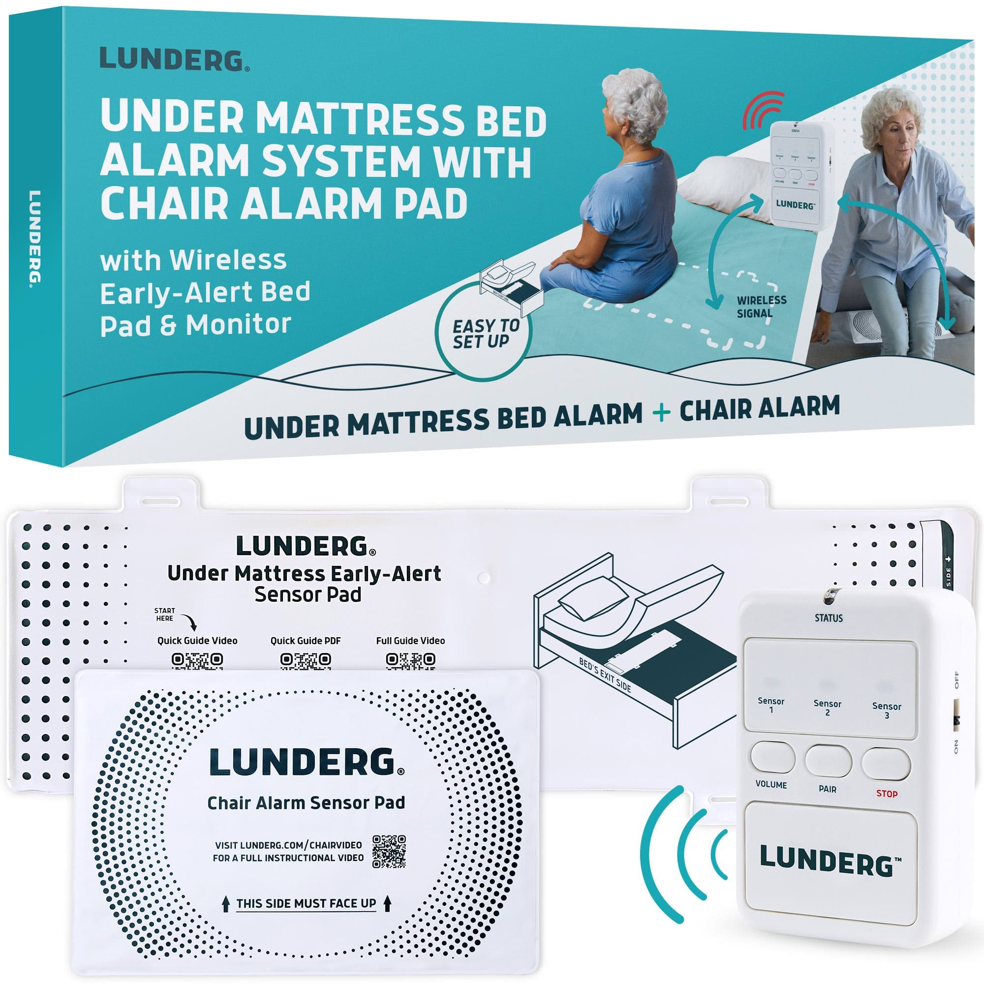 Lunderg Bed and Chair Alarm Set with Wireless Sensor Pad, Under Mattress - Image 1