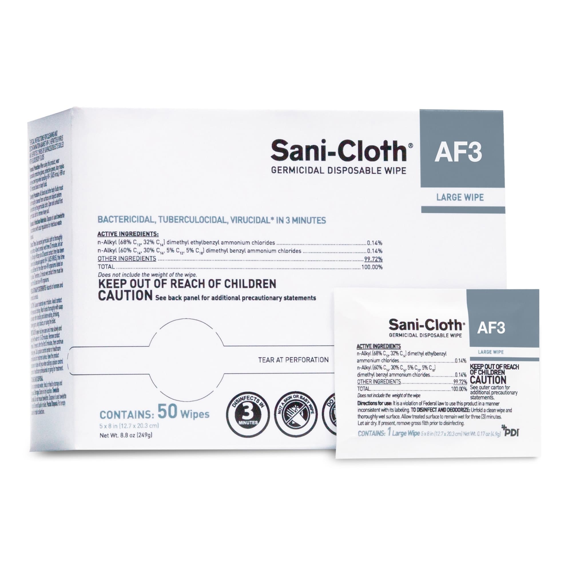 Sani-Cloth AF3 Germicidal Disposable Wipes, Individual Packet, Large - Box of 50 - Image 1