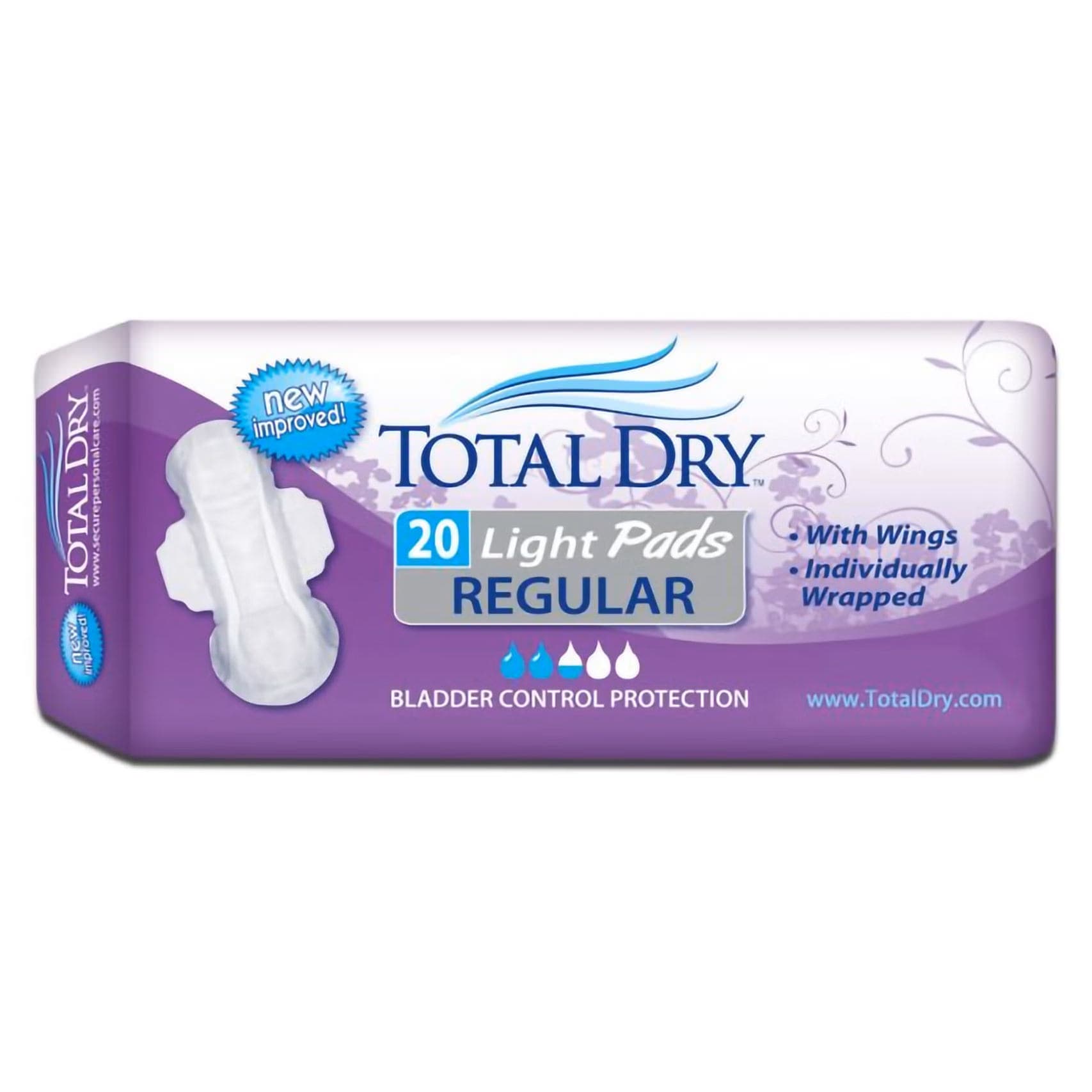 Total Dry Incontinence Light Bladder Control Pads with wings, regular - Case of 180 - Image 1