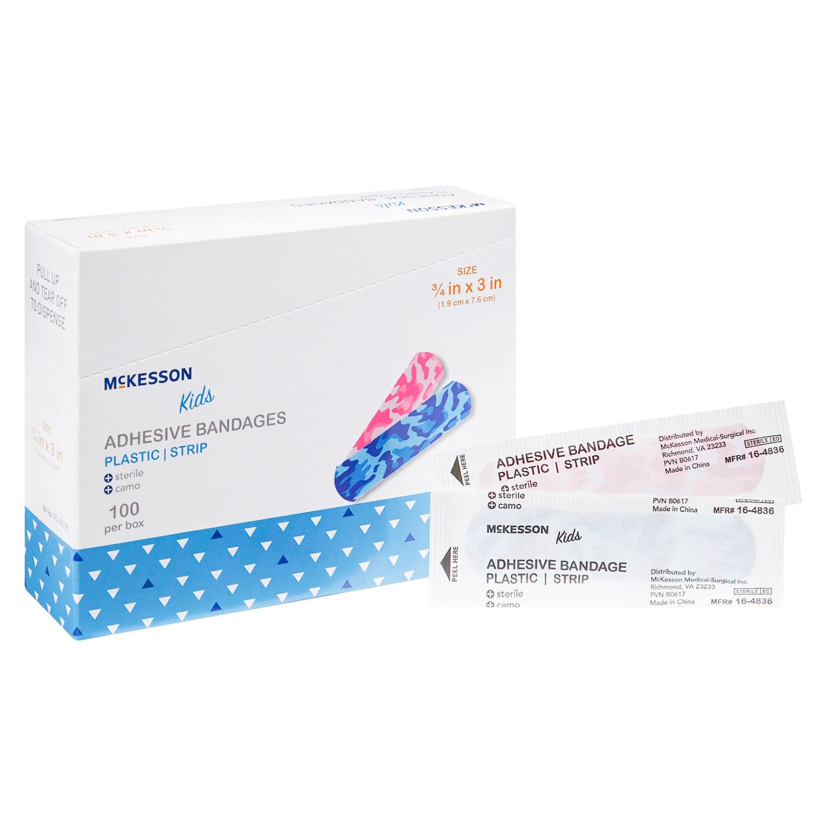 Mckesson Kids Adhesive Strip, Blue-Pink Camo, 3/4 x 3 Inch - Box of 100 - Image 1