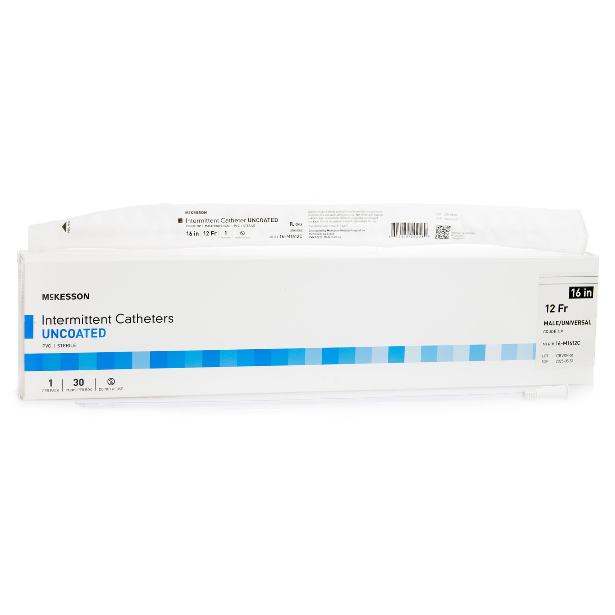 McKesson Urethral Catheter Polished Staggered Eyelets Sterile Coude Tip, White, 12 Fr - Box of 30 - Image 1