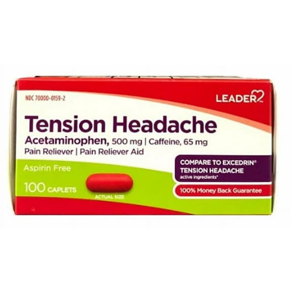 Leader Tension Headache Acetaminophen, 500 mg-65 mg Caplets - Pack of 100
