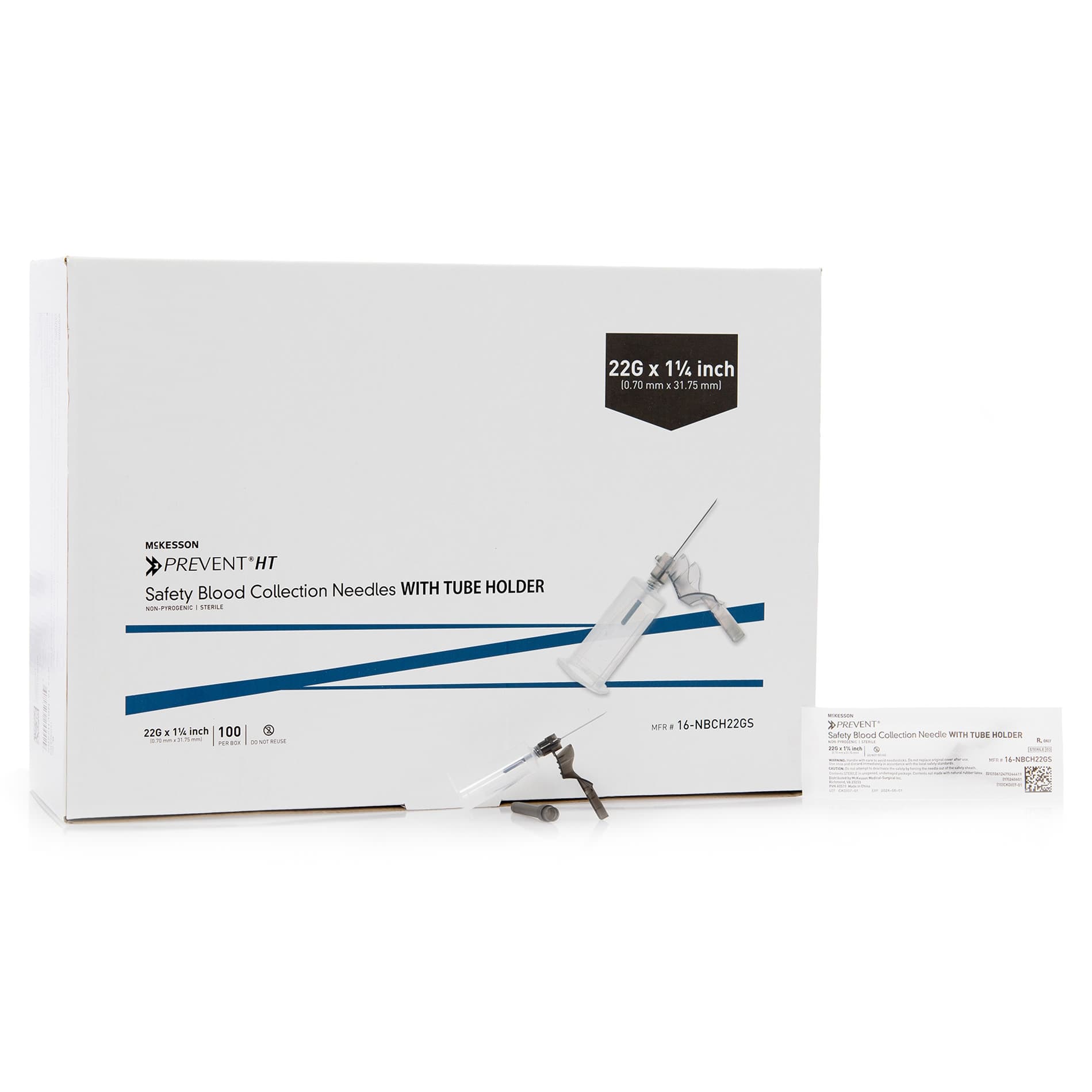 McKesson Prevent HT Blood Collection Needle with Holder Straight Safety Needle, 22 Gauge - Case of 500 - Image 1