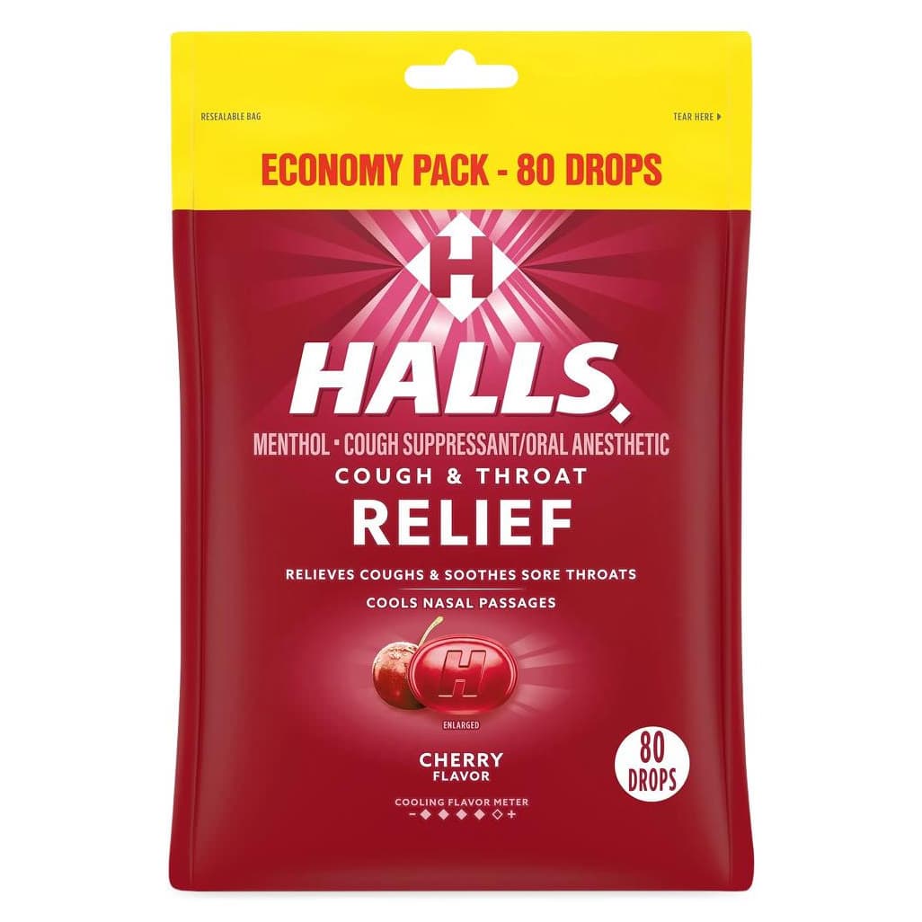 Halls Relief Cough and Sore Throat Drops, Cherry - Case of 12 - Image 1