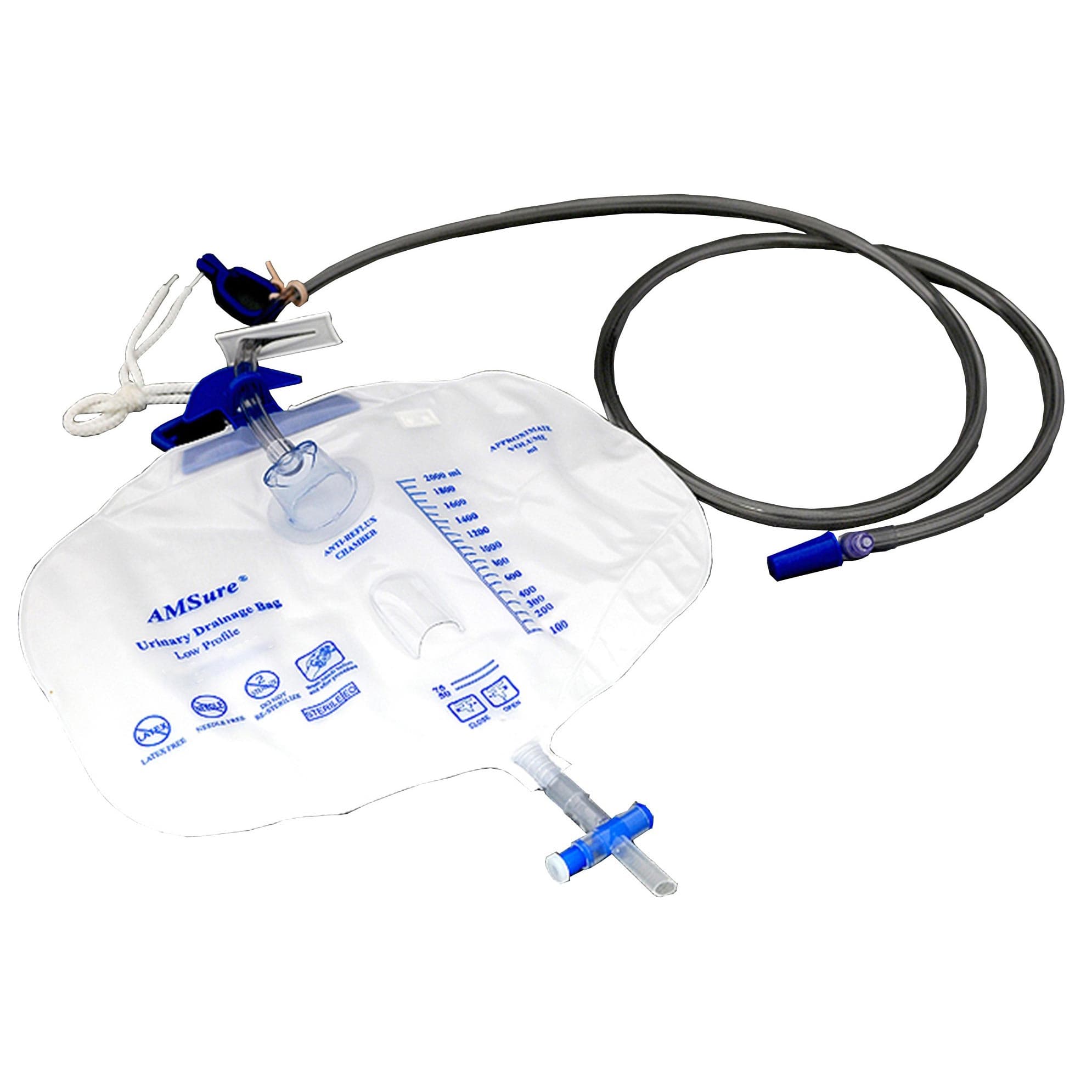 AMSure Urinary Drain Bag Without Additive T-Tap Drain Valve Single Plastic Hook Graduated - Case of 20