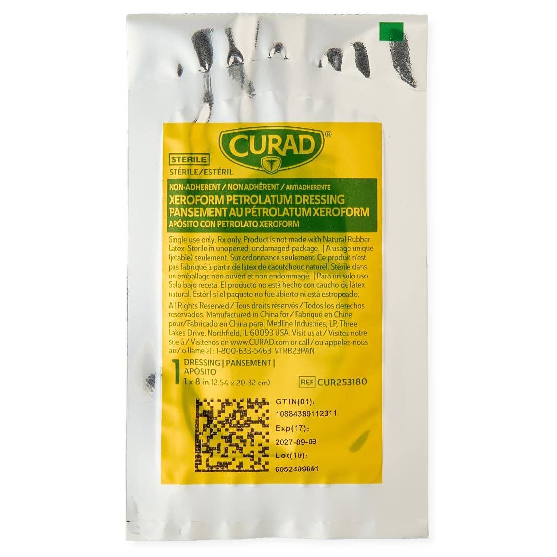 Curad Non Adherent Xeroform Petrolatum Gauze Dressing, 1 x 8 Inch - Each - Image 1