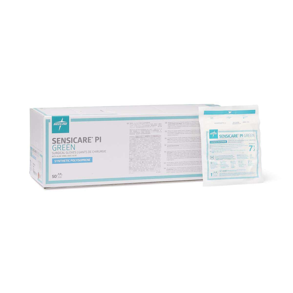 SensiCare PI Green Powder-Free Surgical Gloves, Size 7.5 - Case of 200 - Image 1
