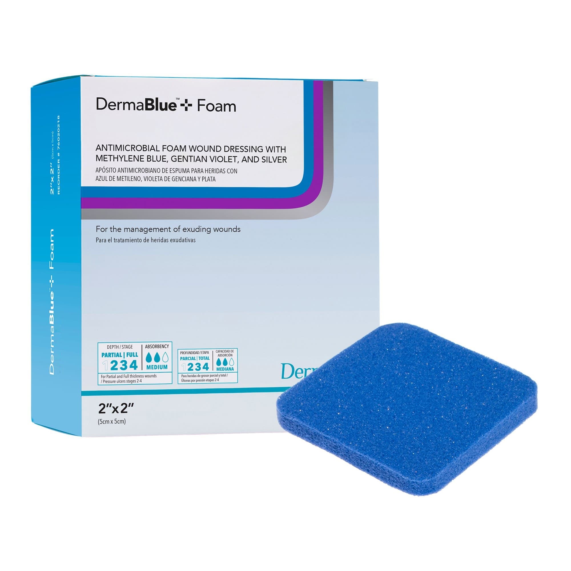 DermaBlue+ Foam Silver Antimicrobial Foam Wound Dressing, 2 x 2 Inch - Box of 10 - Image 1