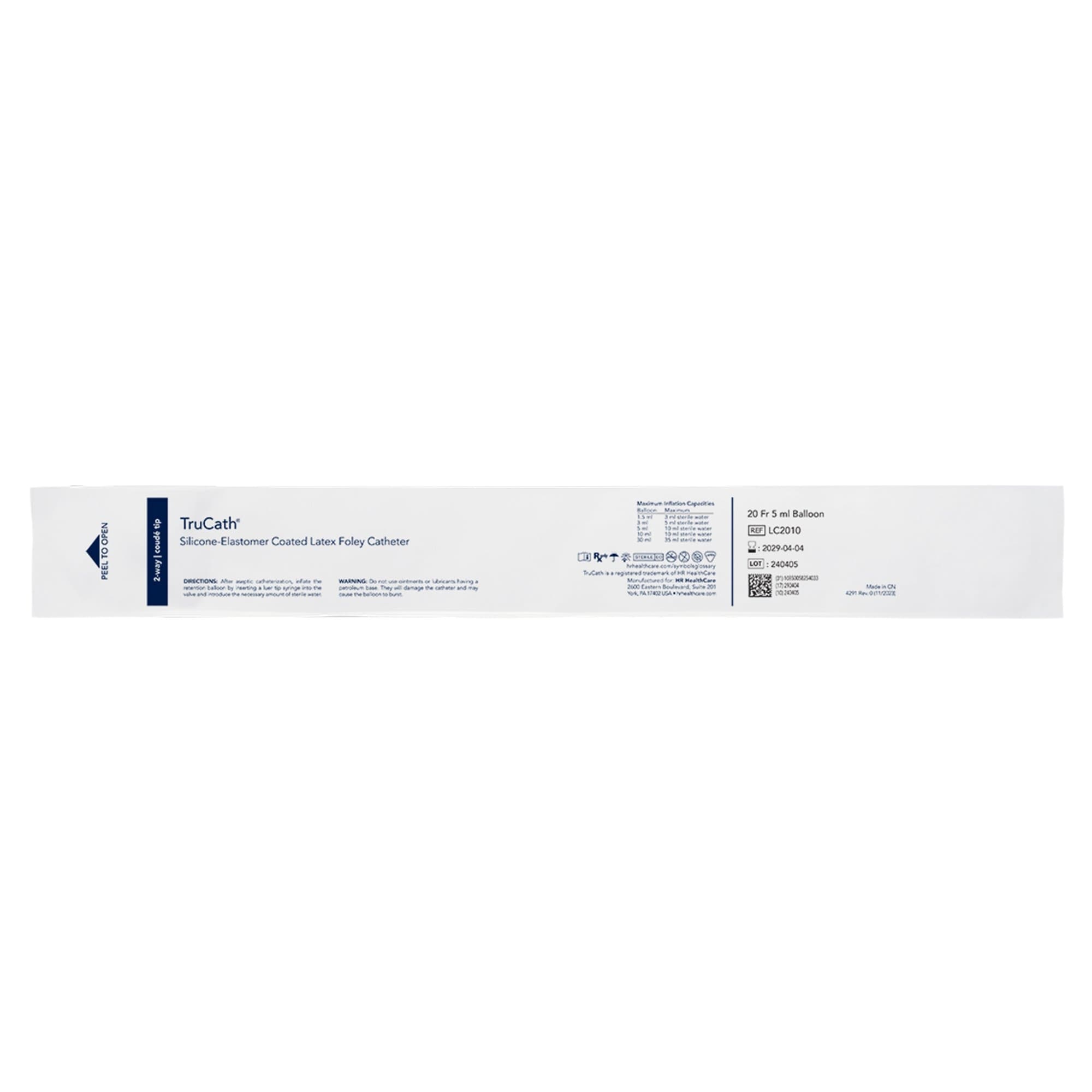 TruCath Silicone-Elastomer Coated Latex 2-Way Foley Catheter, Coude Tip, 20 Fr, 5 mL - Each - Image 1