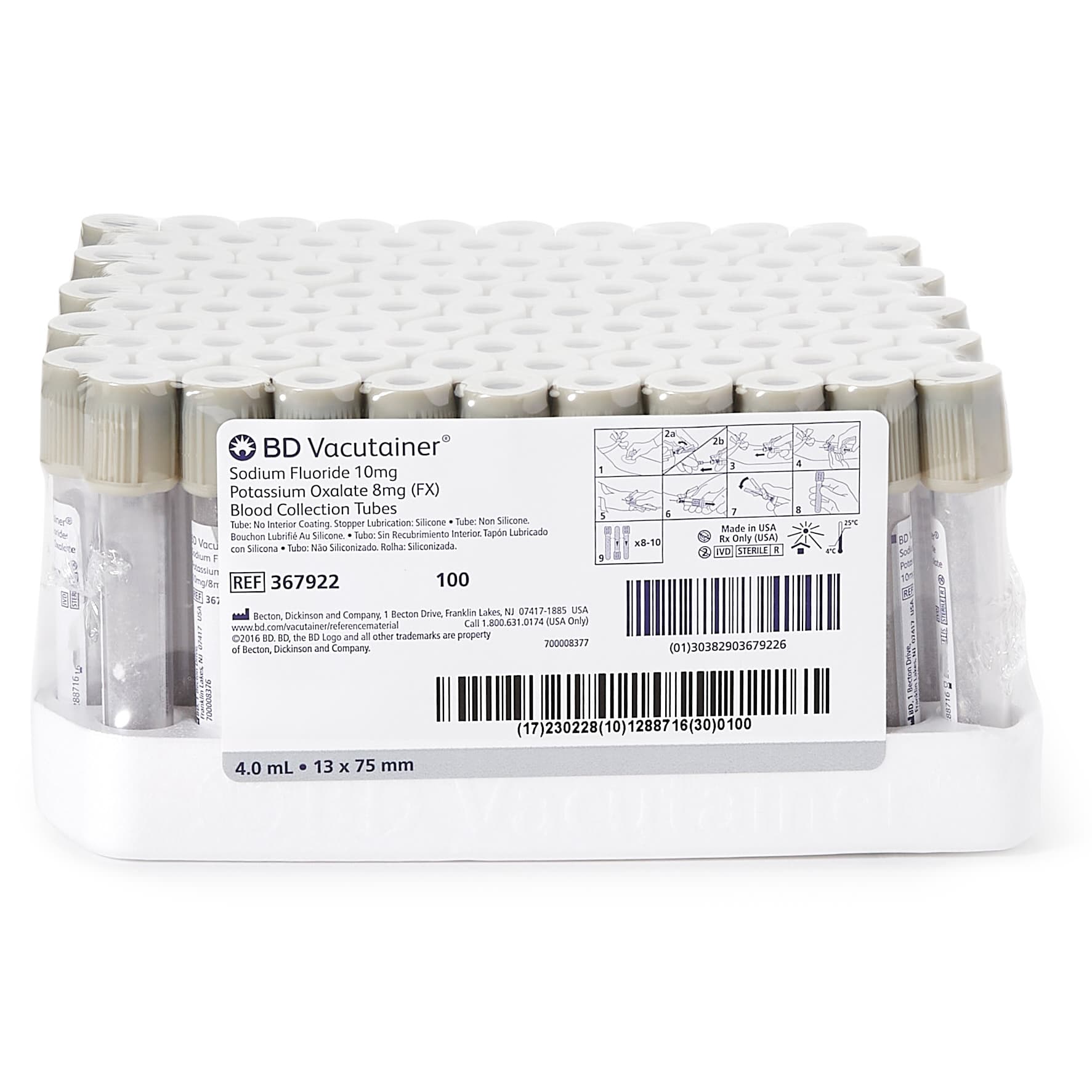BD Vacutainer Sodium Fluoride and Potassium Oxalate Blood Collection Tubes, 4 mL - Box of 100 - Image 1