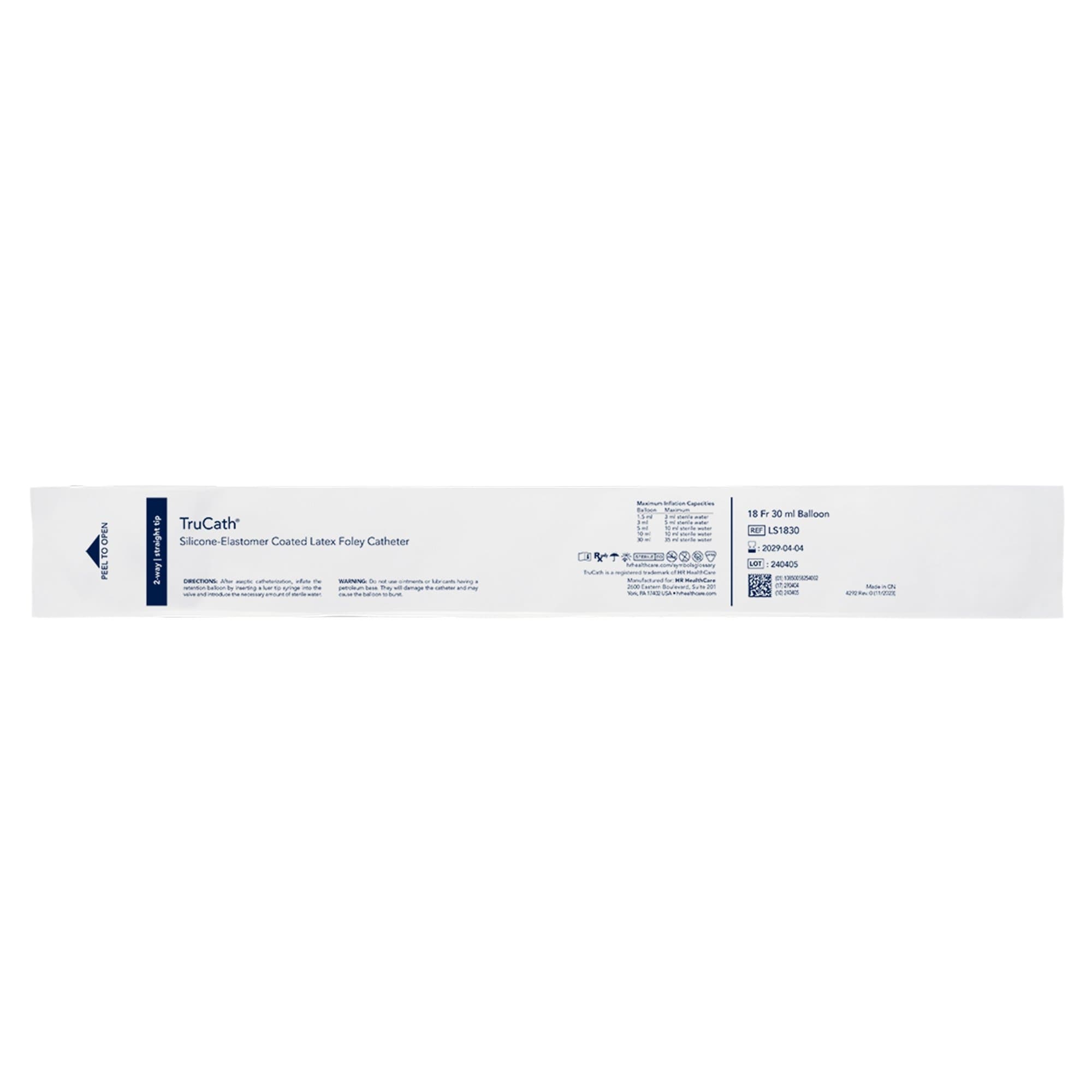 TruCath Silicone-Elastomer Coated Latex 2-Way Foley Catheter, Standard Tip, 18 Fr, 30 mL - Case of 12 - Image 1
