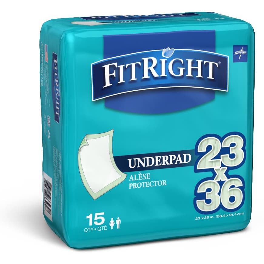 Medline FitRight Fluff Underpads, Moderate Absorbency, 23 x 36 Inch- Bag of 15 - Image 1