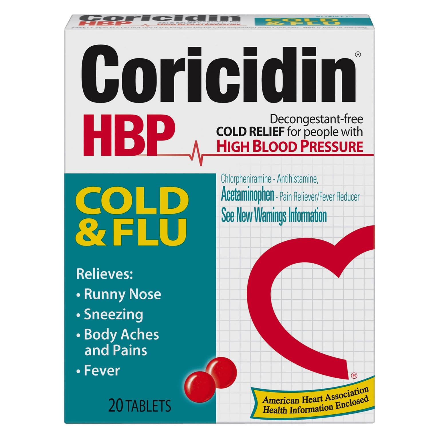 Coricidin HBP Cold & Flu Relief Tablets - Box of 20 Tablets - Image 1