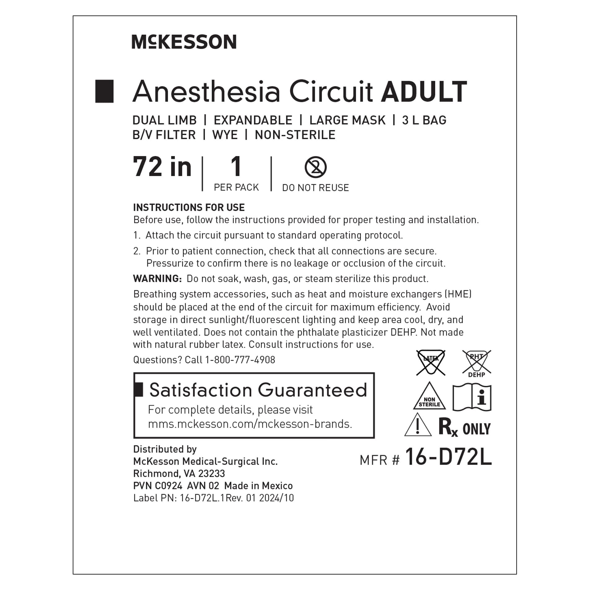 McKesson Anesthesia Breathing Circuit with Large Mask, Adult, 72 Inch Tube Length - Image 2