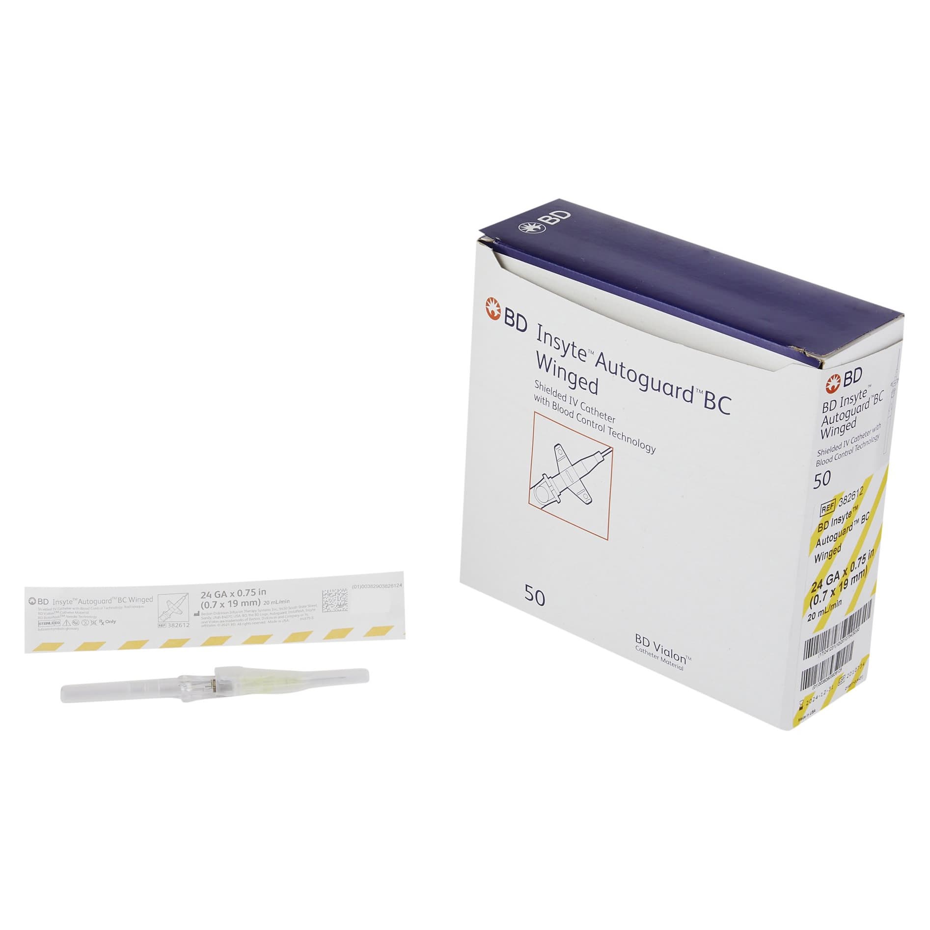 BD Insyte Autoguard BC Peripheral IV Catheter, 24 Gauge, 3/4 Inch, 20 mL per min - Box of 50 - Image 1
