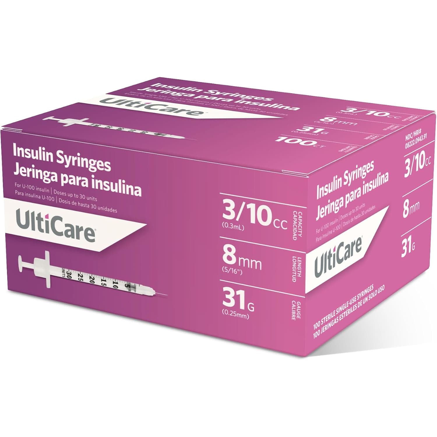 Ultimed UltiCare Insulin Syringe, 31 Gauge x 5/16 Inch, 3/10 mL - Box of 90 - Image 1