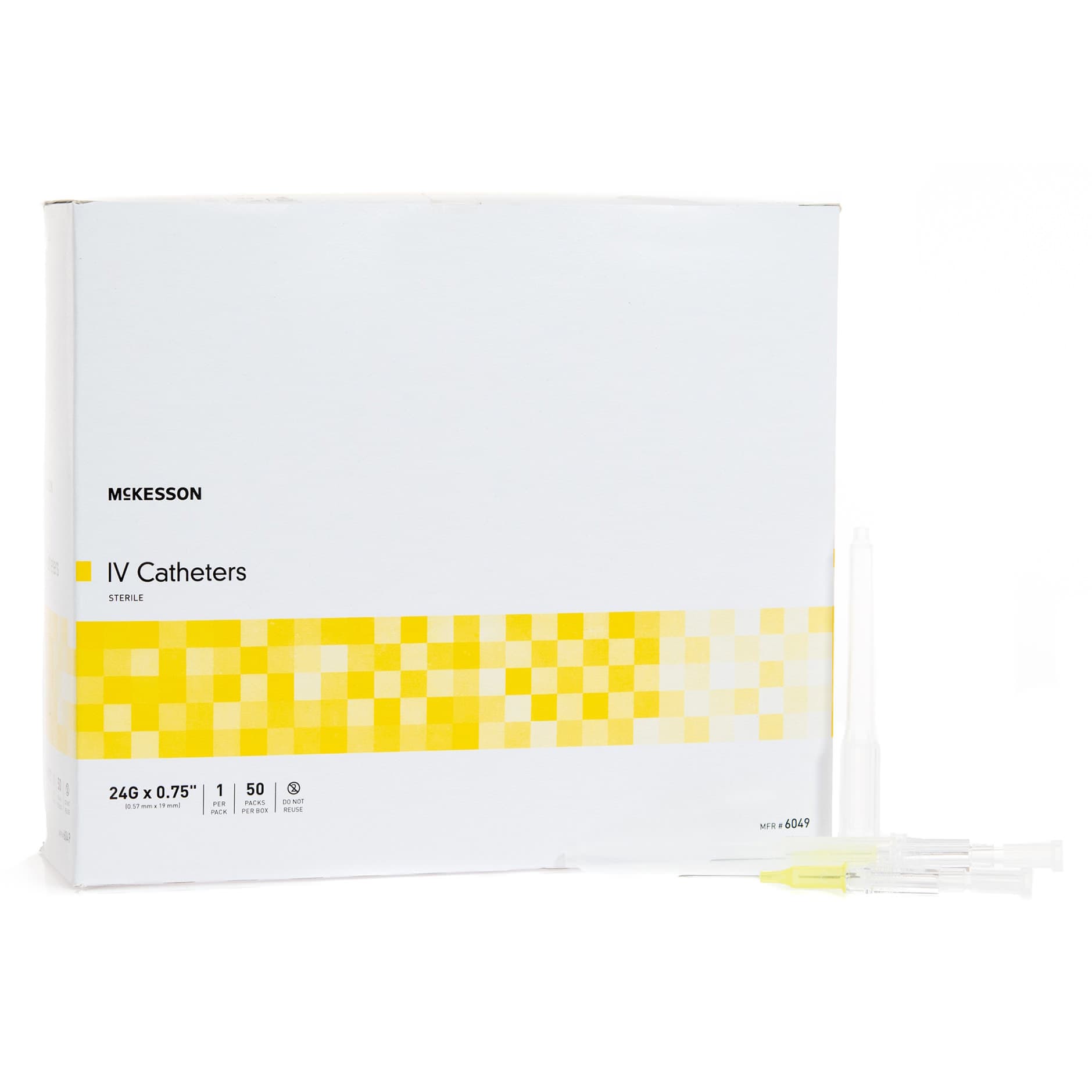 McKesson Peripheral IV Catheter Without Safety, Yellow, 24 Gauge, 0.75 Inch - Box of 50 - Image 1