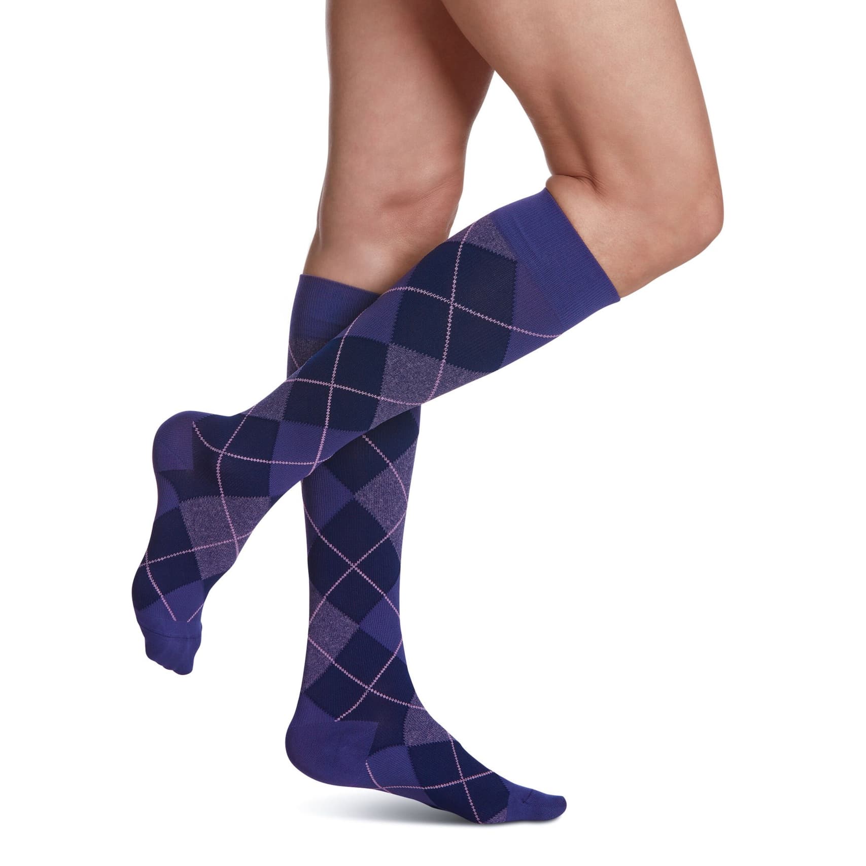Sigvaris Women Microfiber Shades Calf High Compression Socks, 15-20mmHg, Size A, Purple Argyle - Pair - Image 1