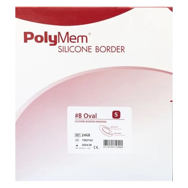PolyMem Oval Shape Silicone Border Foam Dressing, 6.5 x 8.2 Inch - Case of 20 - Image 1