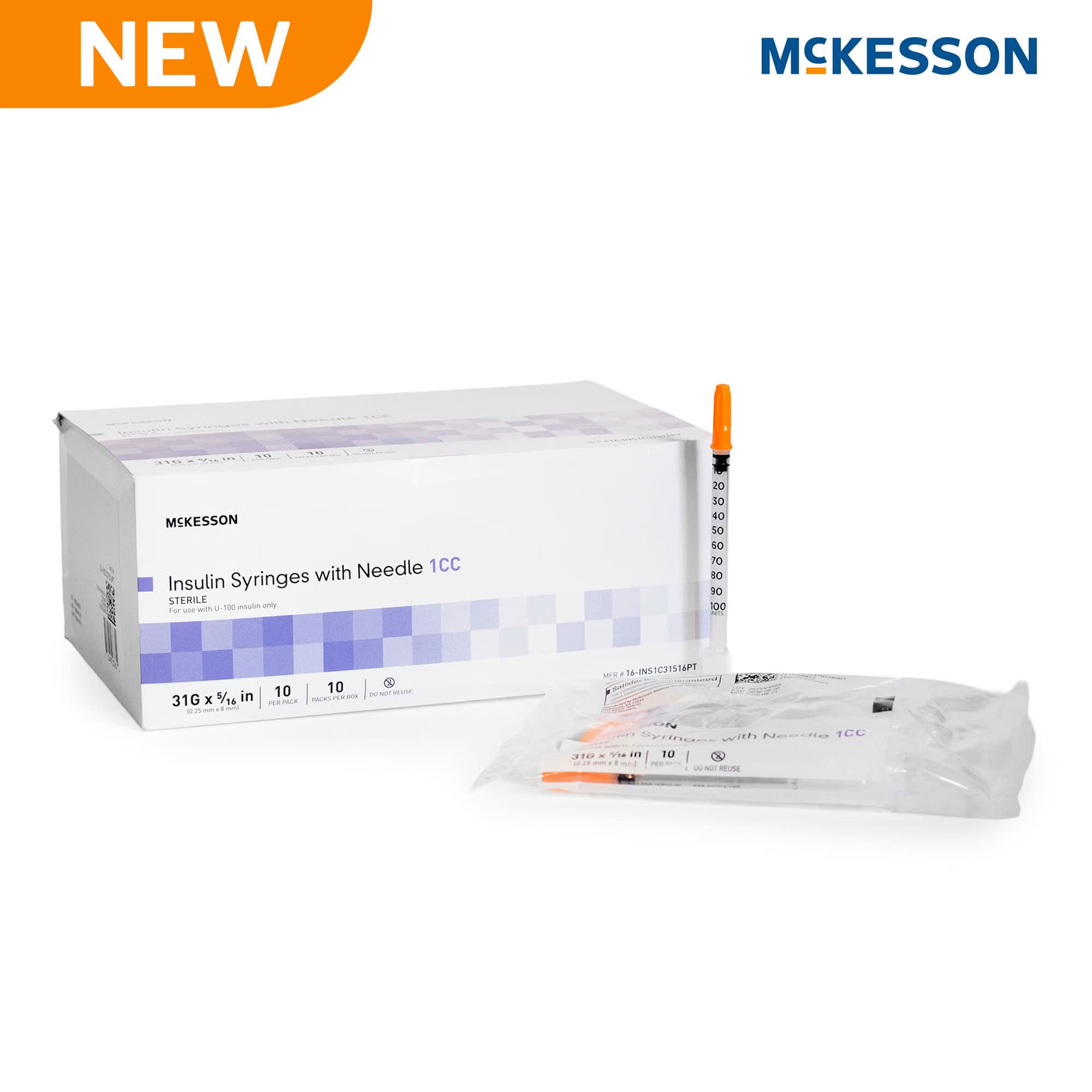 McKesson Insulin Syringe with Needle, 1 ml, 31 Gauge, 5/16", Non-Safety - Box of 100 - Image 1