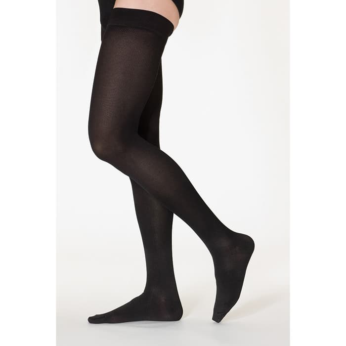 Sigvaris Essential Cotton Women Thigh-High with Grip-Top Compression Stockings 30-40 mmHg, Closed Toe, Small-Long, Black - Pair - Image 1