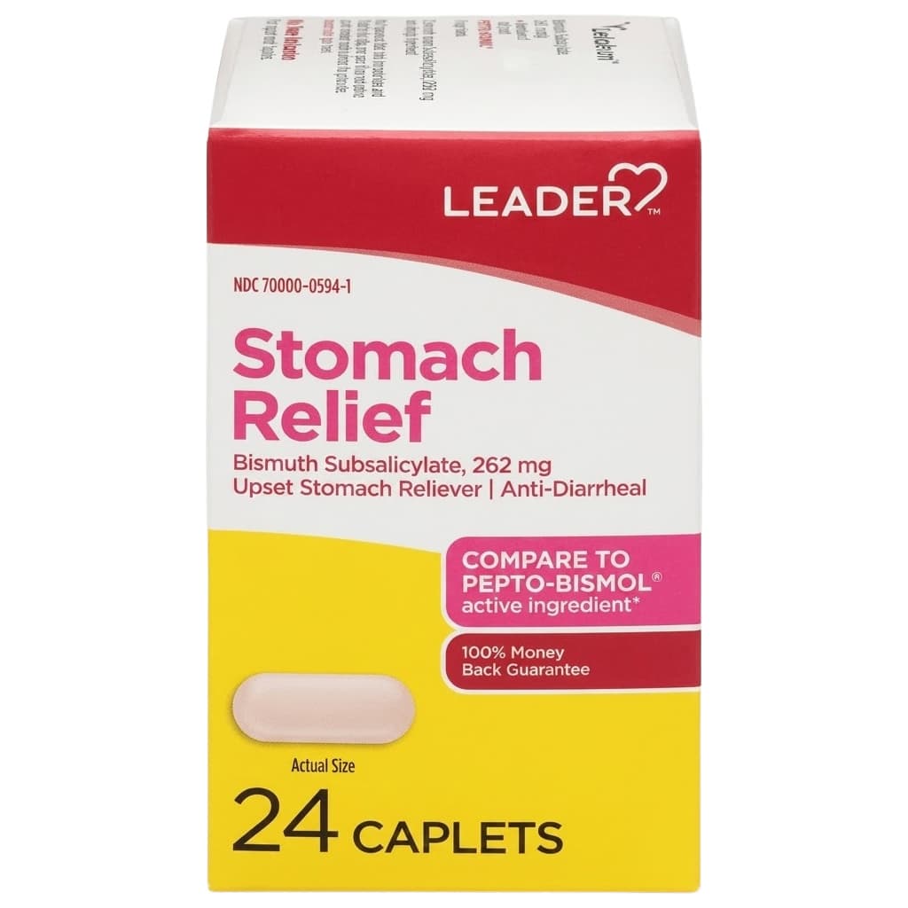 Leader Stomach & Anti-Diarrheal Reliever Bismuth Subsalicylate Caplets, 262 mg, 24 Count - Each
