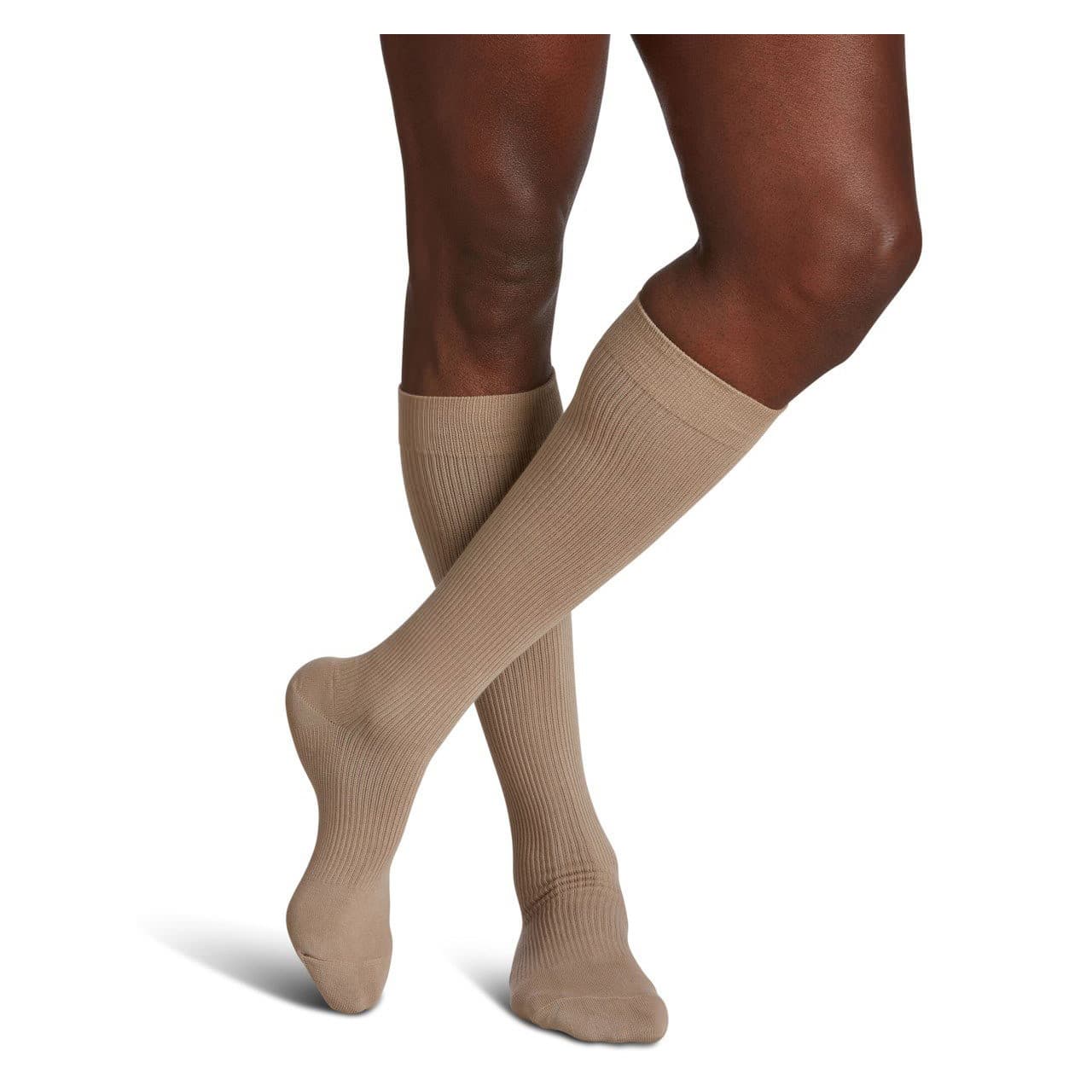 Sigvaris Casual Cotton Mens Calf High Compression Socks, 15-20 mmHg, Size B, Khaki - Pair - Image 1