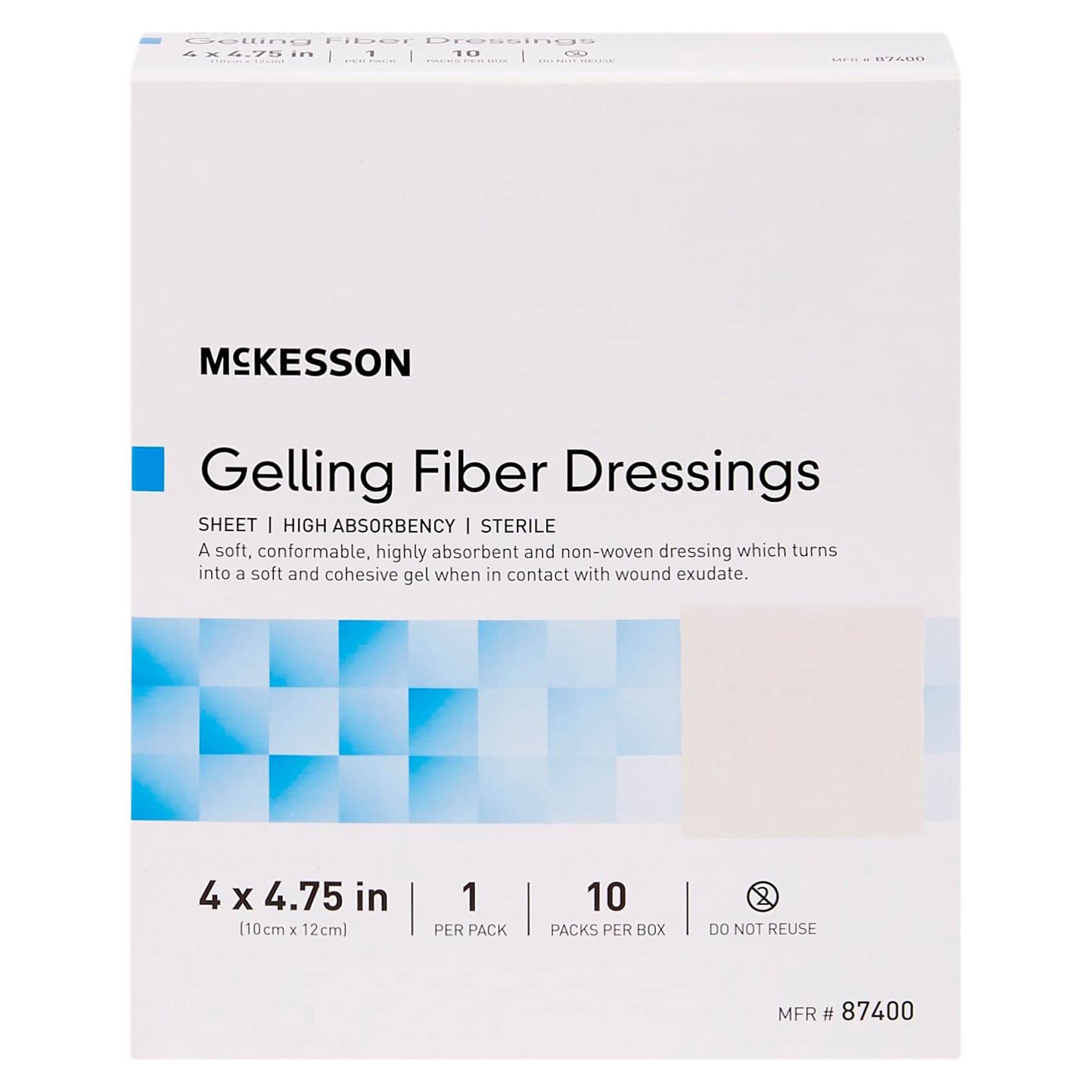 McKesson Absorbent Gelling Fiber Dressing (CMC) 4 x 4-3/4 Inch Rectangle - Box of 10 - Image 1