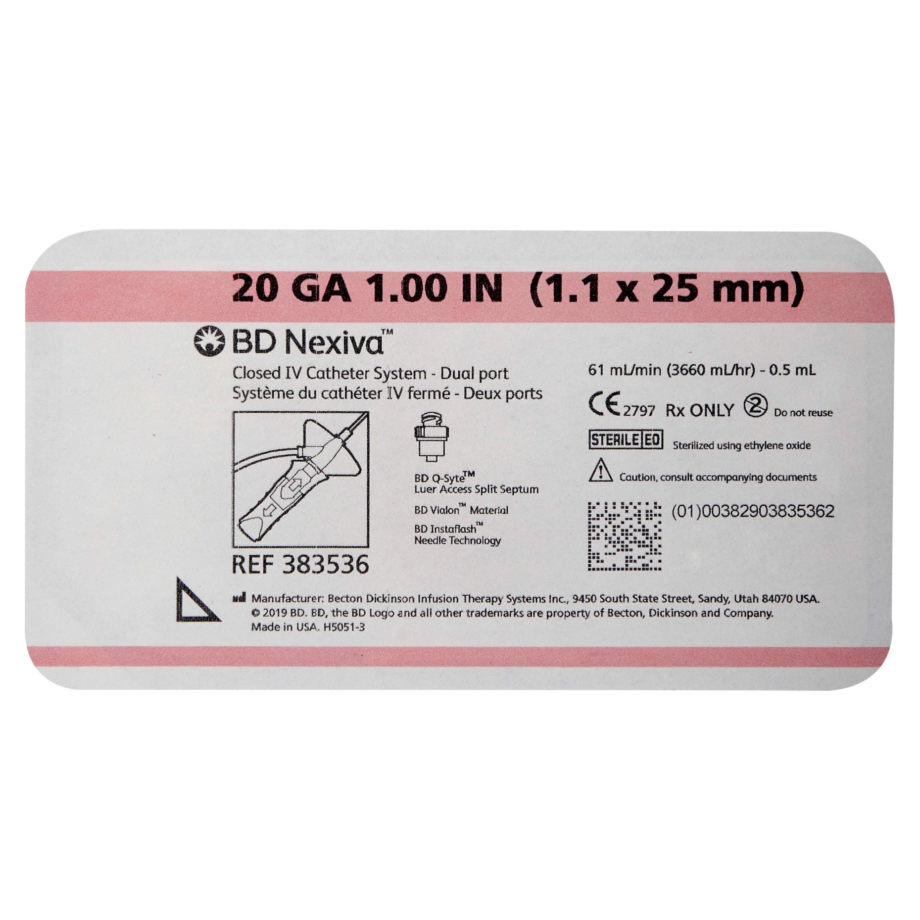 BD Nexiva Sliding Closed IV Catheter, Dual Port, Pink, 20 Gauge, 1 Inch - Each - Image 1