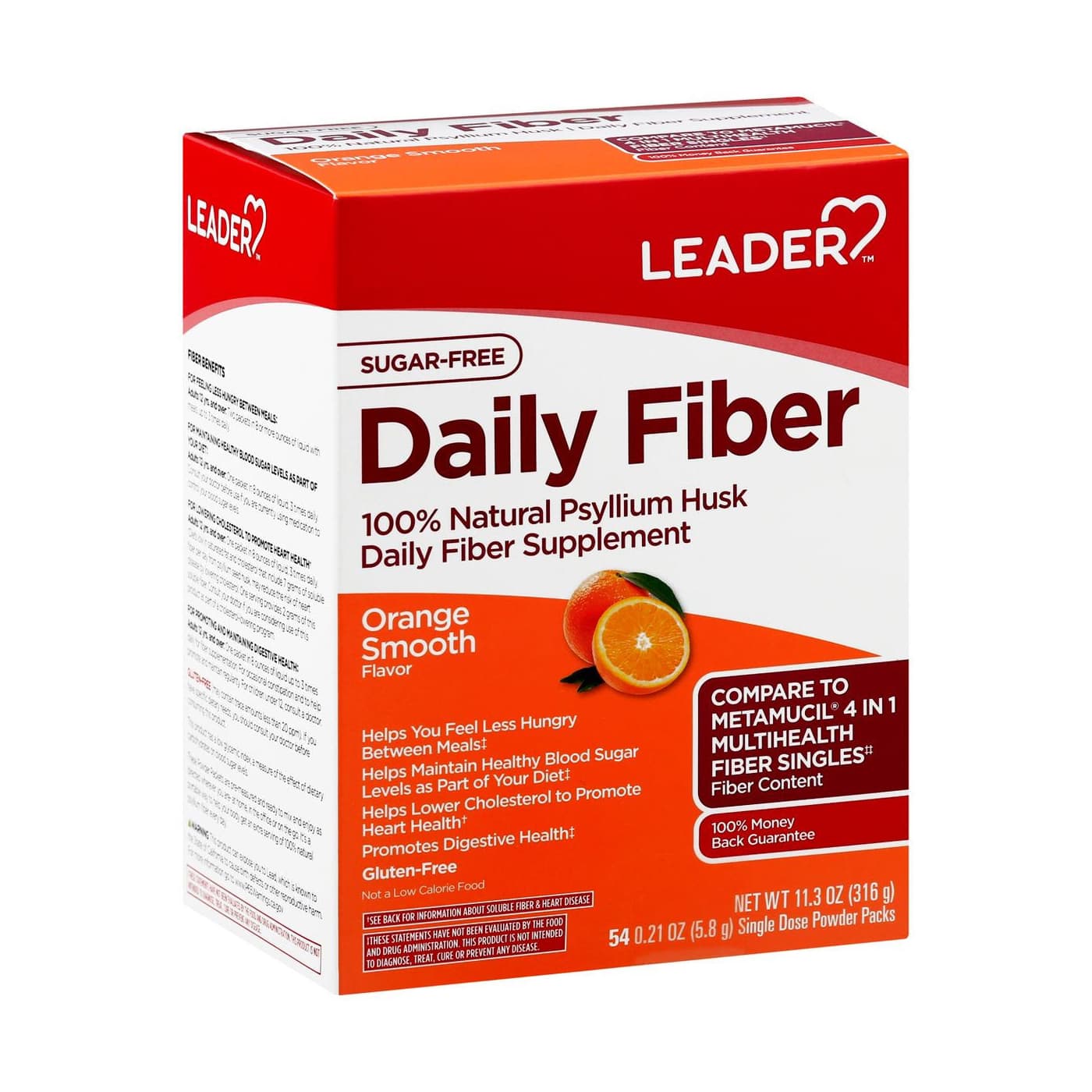 Leader Sugar-Free Daily Fiber, Orange Smooth Flavor Powder, Single Dose Packs - Box of 54 - Image 1