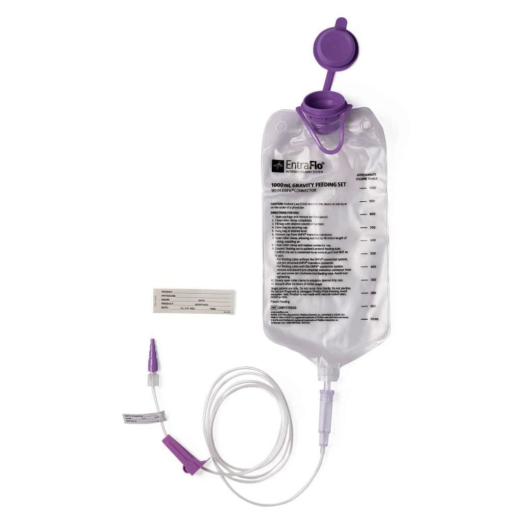 Medline EntraFlo Gravity Feeding Set with Preattached EnFit Connector, 1000 mL Bag