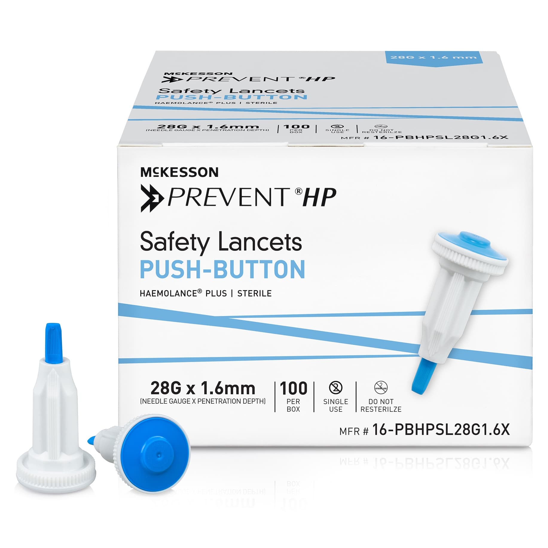 McKesson Prevent HP Safety Lancet with Push Button Activation, Light Blue, 28 Gauge - Box of 100 - Image 1