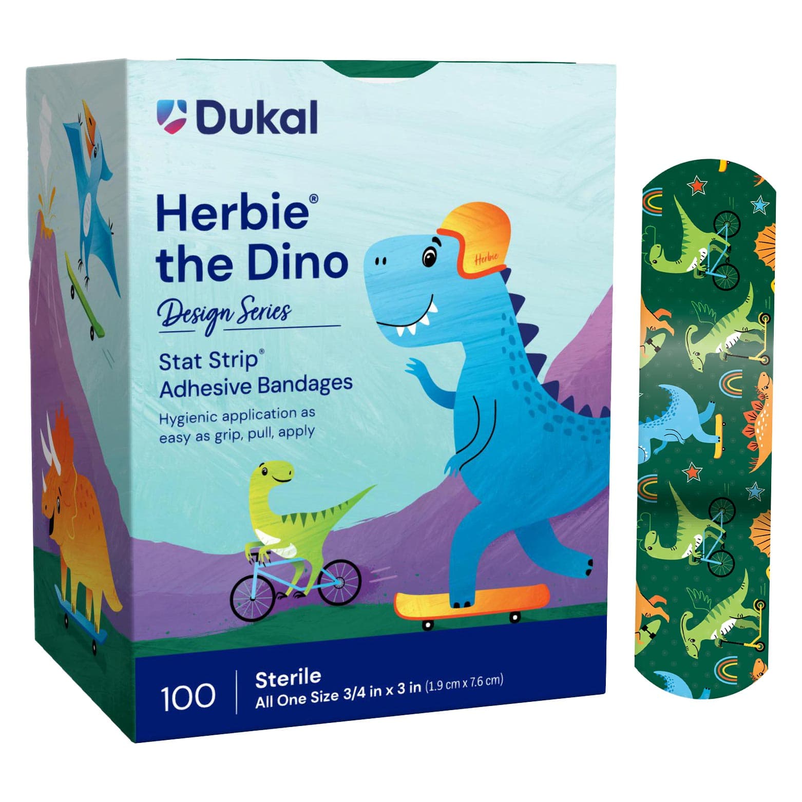 Dukal American White Cross Stat Strip Adhesive Bandages, Herbie the Dinosaur, 3/4" x 3" - Case of 1200 - Image 1