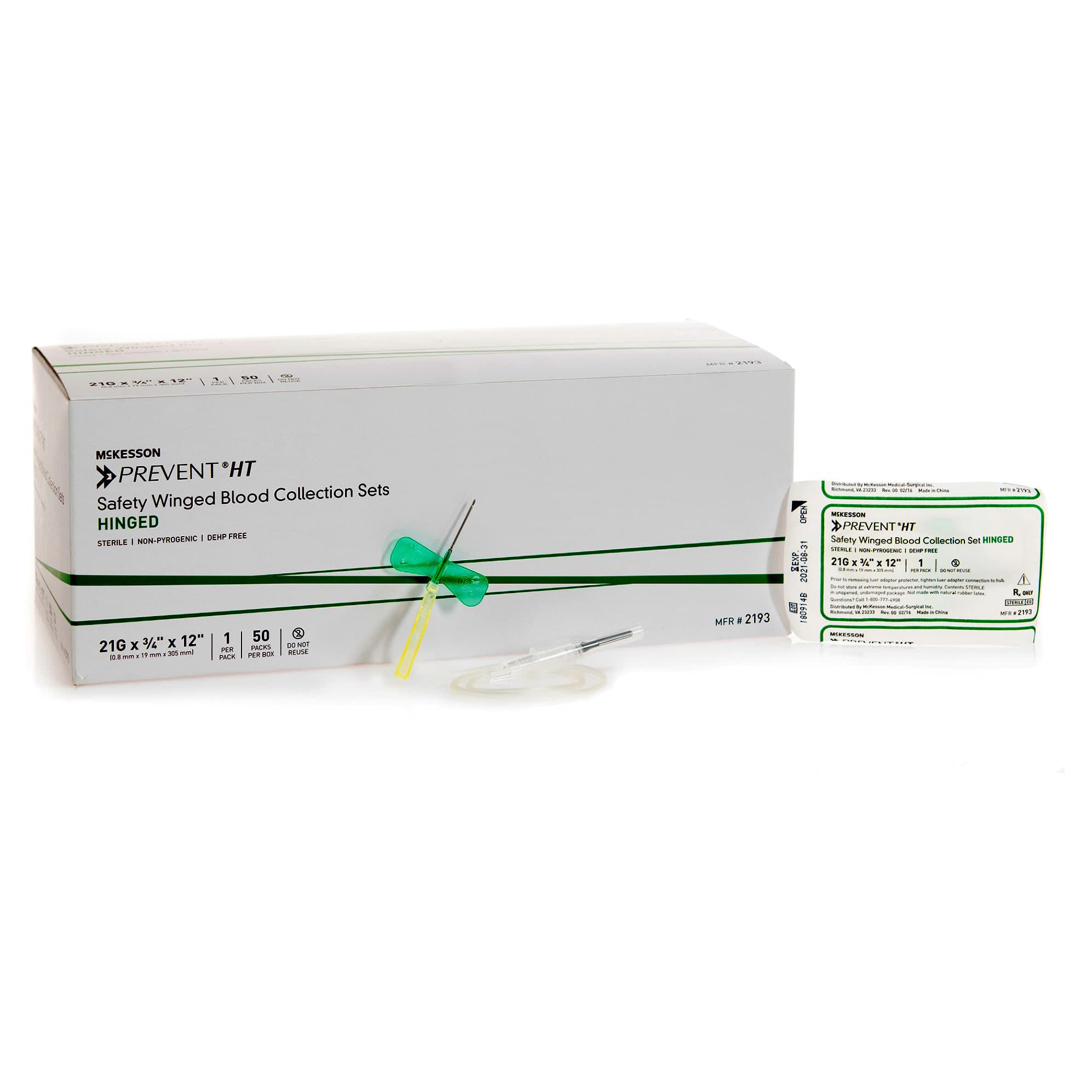 McKesson Prevent Blood Collection Set with Winged Safety Needle, Sterile, Green, 21 Gauge - Box of 50 - Image 1