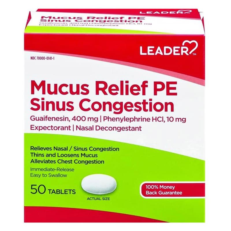 Leader Mucus Relief PE Sinus Congestion Tablets, 50 Count - Each - Image 1