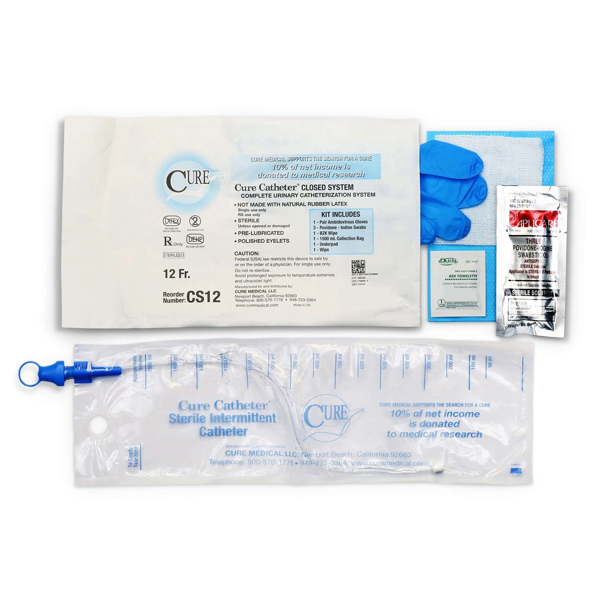 Cure Closed System Intermittent Catheter Kit, 12 Fr - Case of 100 - Image 1