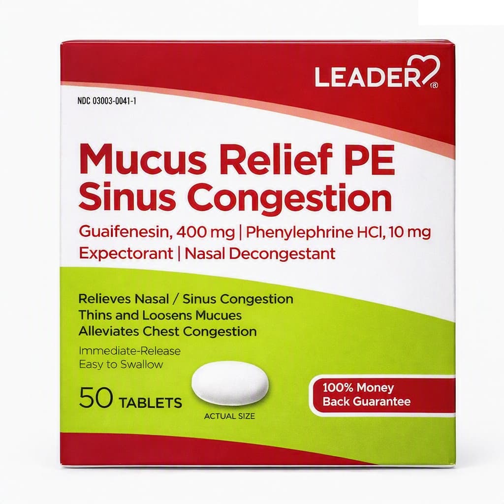 Leader Mucus Relief PE Sinus Congestion Tablets, 50 Count - Each - Image 2