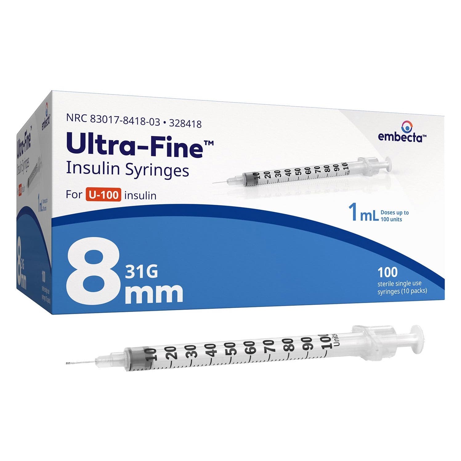 Embecta Ultra-Fine Insulin Syringes, 31 Gauge, 8 mm, 1 mL - Box of 100 - Image 1