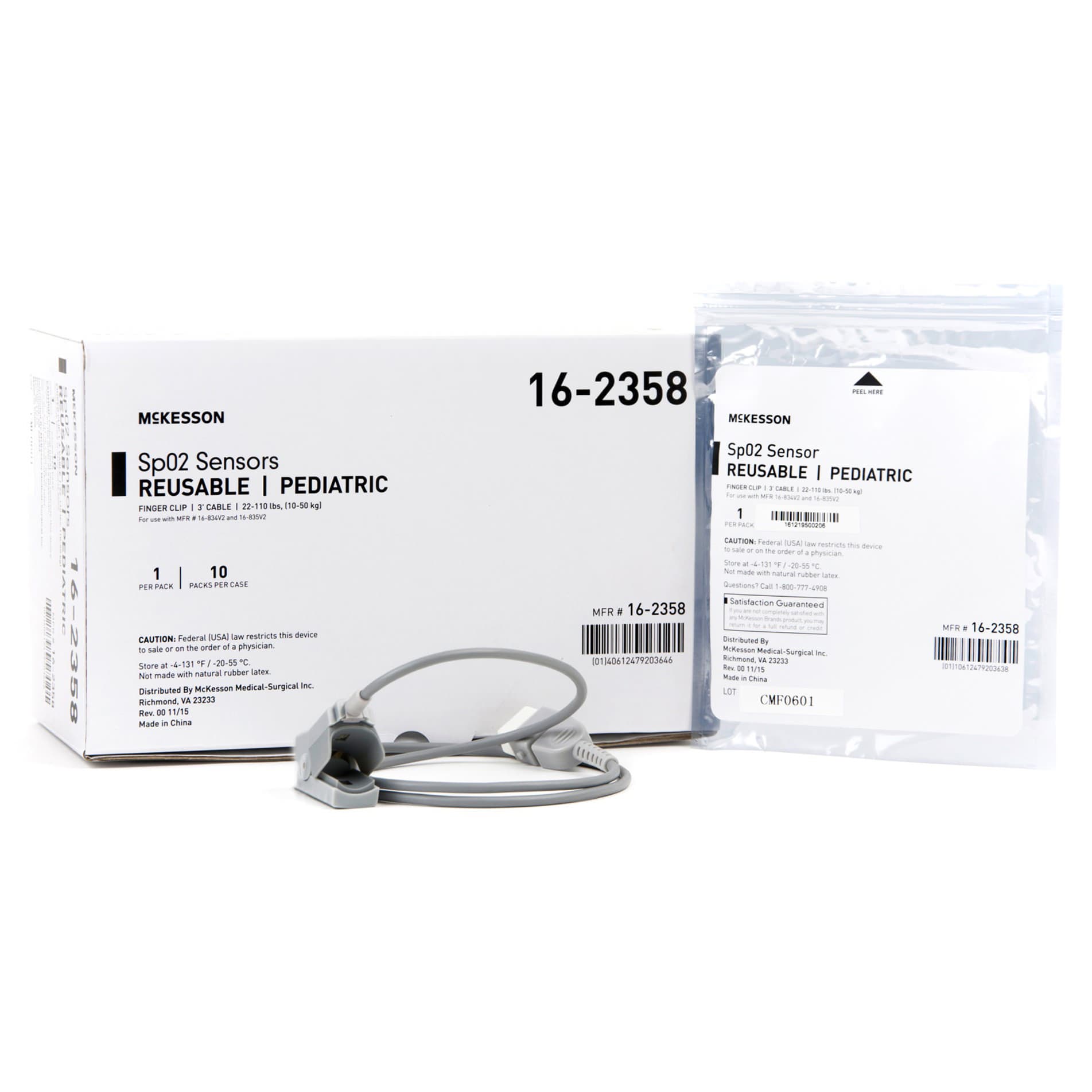 McKesson SPO2 Sensor 3 Foot Cord Reusable Pediatric, Finger - Case of 10 - Image 1