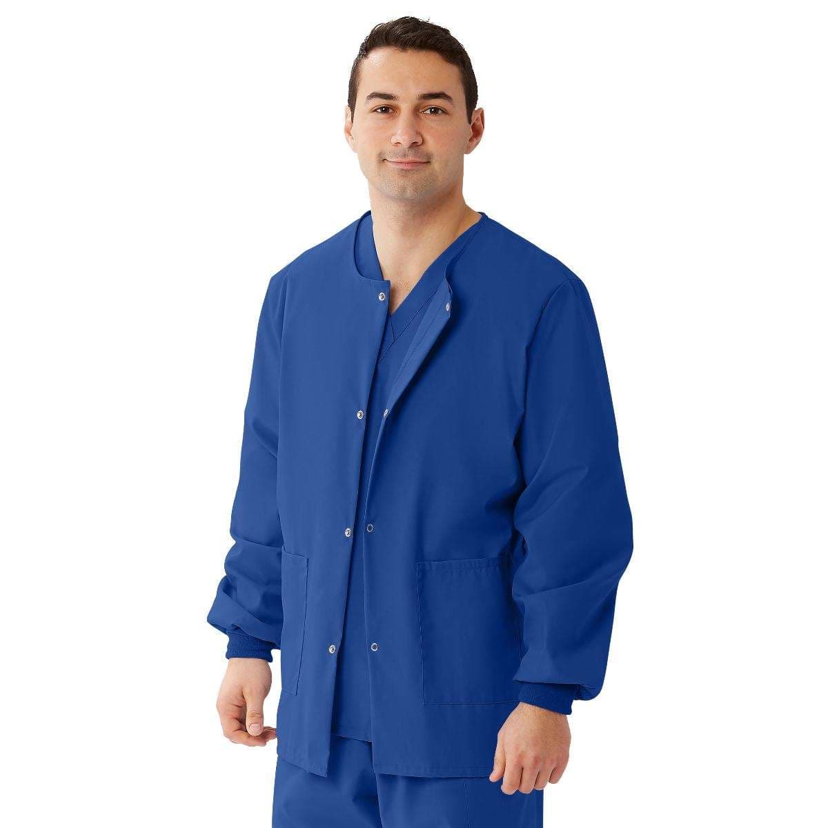 Medline AngelStat Unisex Snap-Front Warm-Up Scrub Jacket, Sapphire, Medium - Image 1
