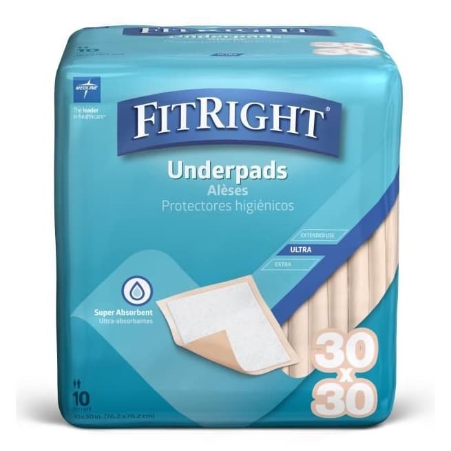 FitRight Ultra Disposable Underpads, 30 x 30 Inch - Bag of 10 - Image 1