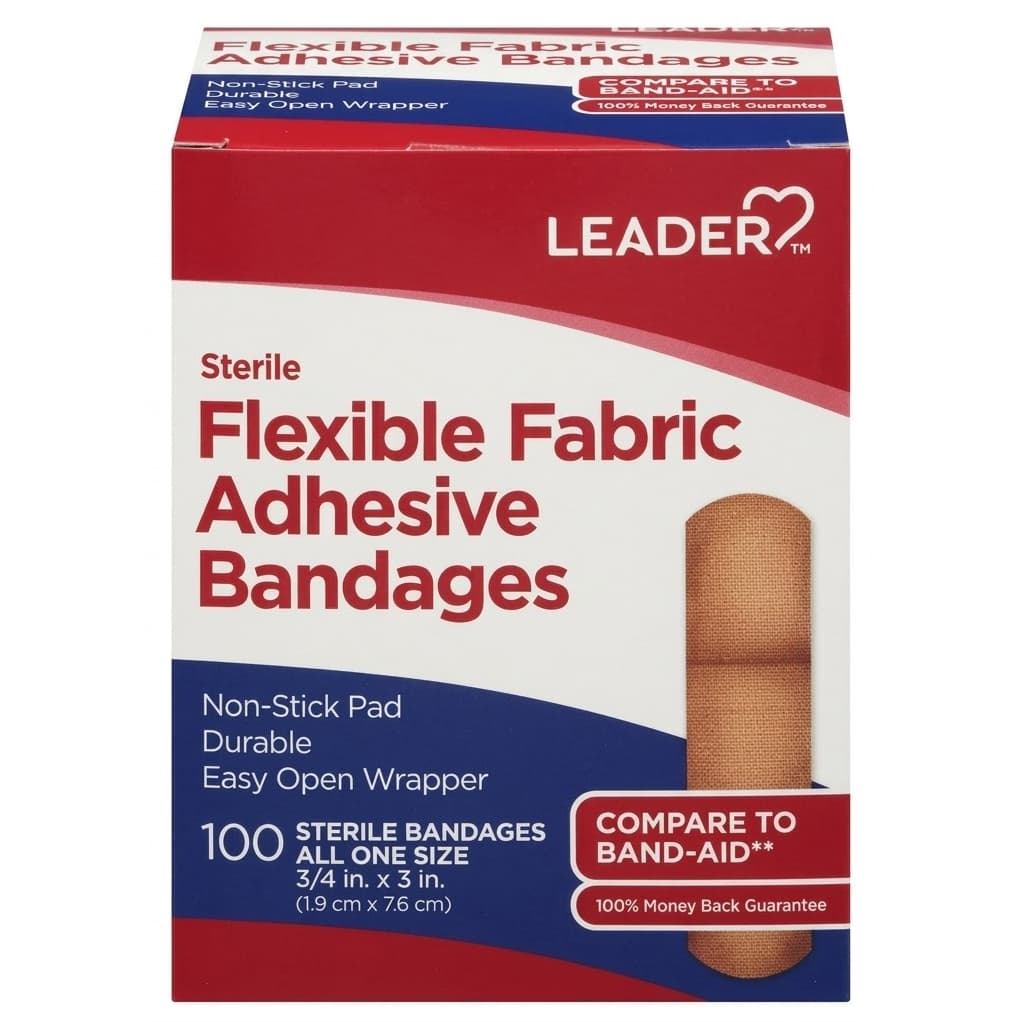 Leader Flexible Fabric Adhesive Bandages, 3/4 x 3 Inch - Box of 100 - Image 1