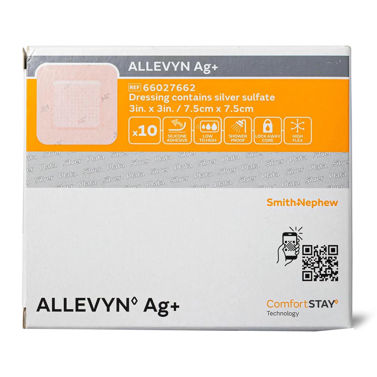 Smith & Nephew Allevyn Ag+ Silver Border Foam Dressing, 3 x 3 Inch - Case of 10 - Image 1