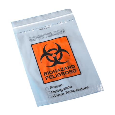 Specimen Transport Bag with Biohazard Symbol and Storage Instructions