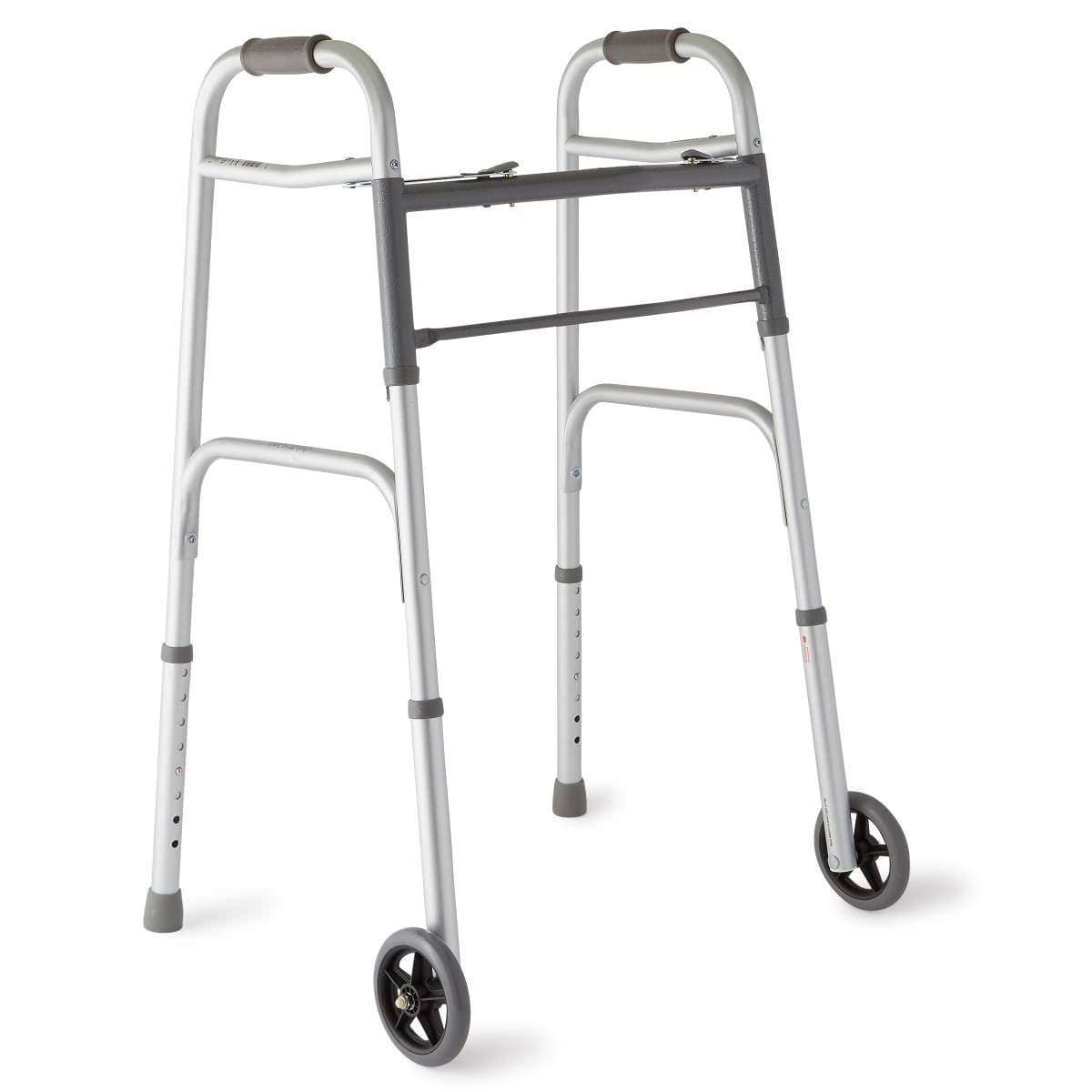 Medline Two-Button Folding Walker with 5" Wheels - Image 1