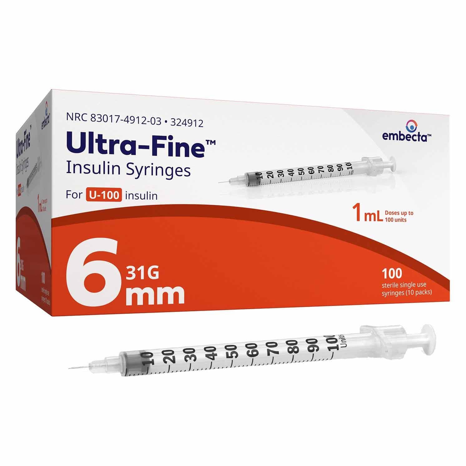 Embecta Ultra-Fine Insulin Syringes, 31 Gauge, 6 mm, 1 ml - Box of 100 - Image 1
