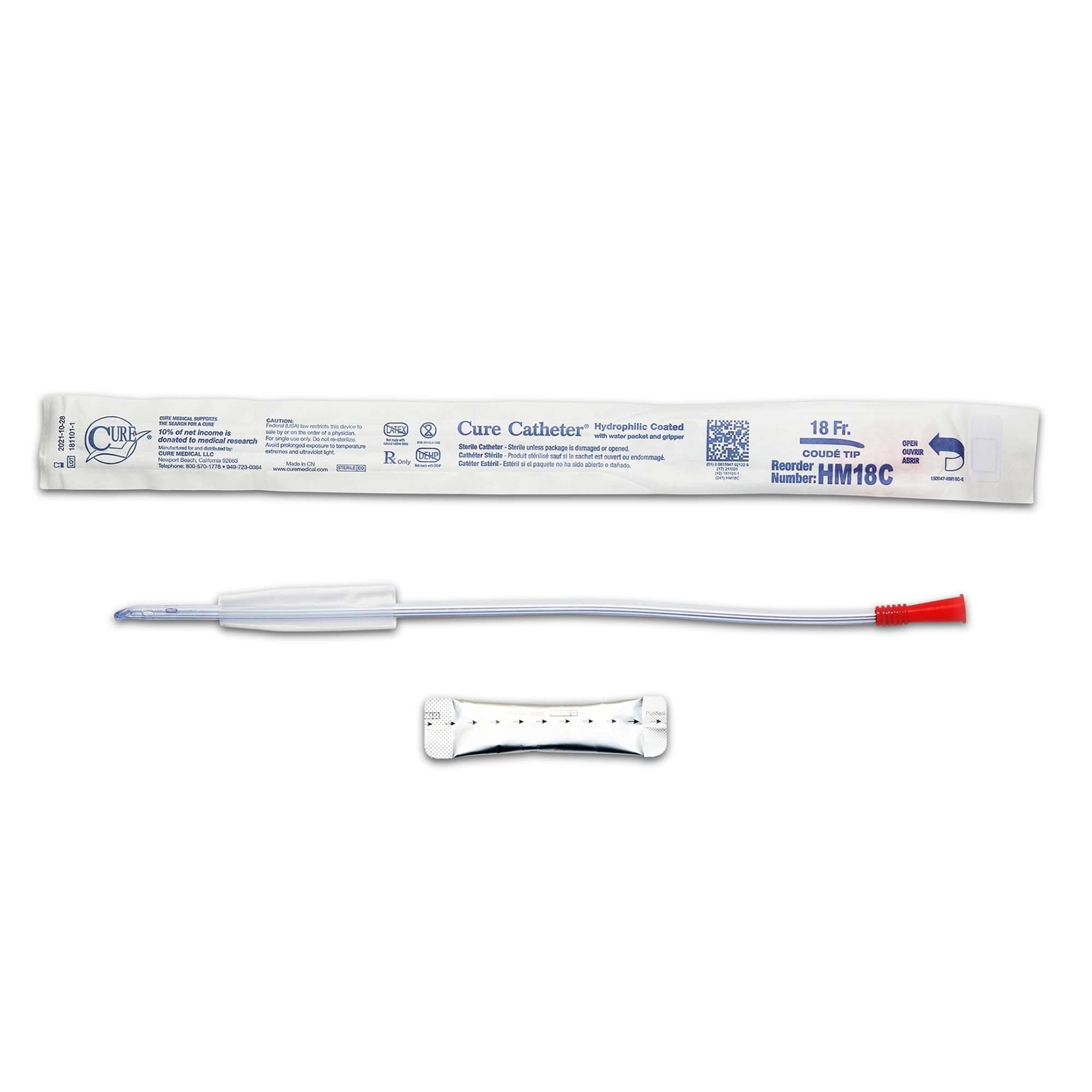 Cure Hydrophilic Catheter for men, 18 Fr - Each - Image 1