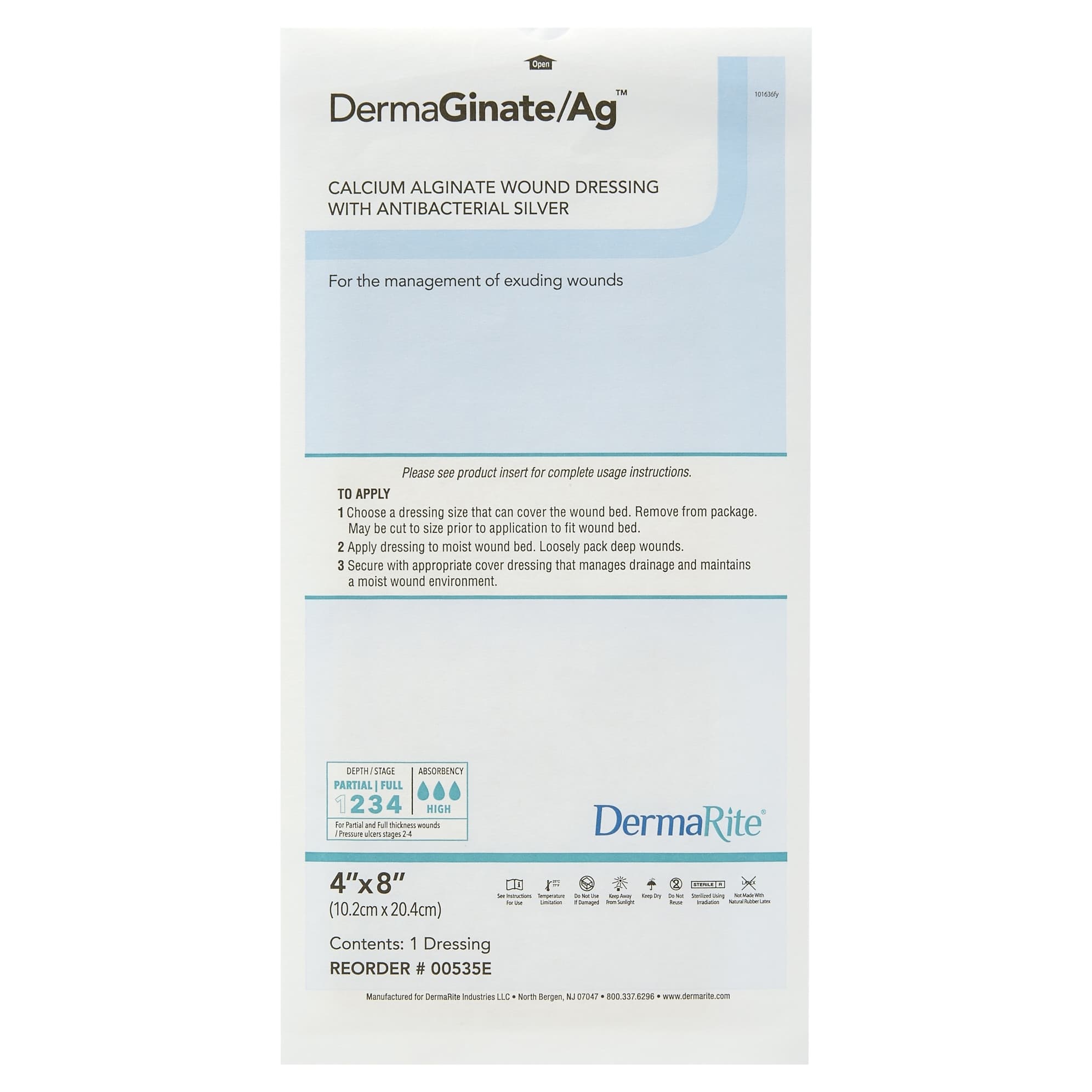 DermaGinate Ag Calcium Alginate Dressing with Antibacterial Silver, 4 x 8 Inch - Each - Image 1
