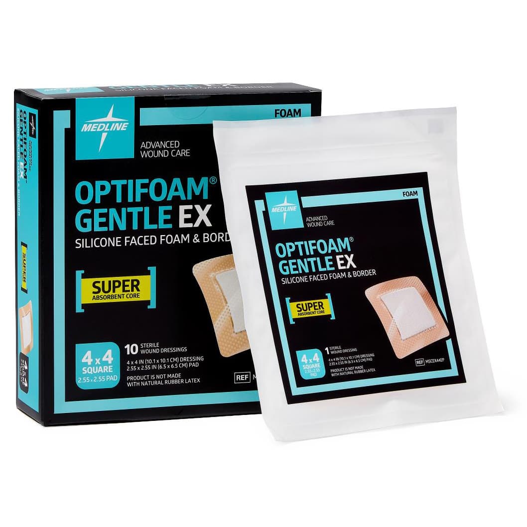 Optifoam Gentle EX Silicone-Faced Border Foam Dressing, Sterile, 4 x 4 Inch - Box of 10 - Image 1