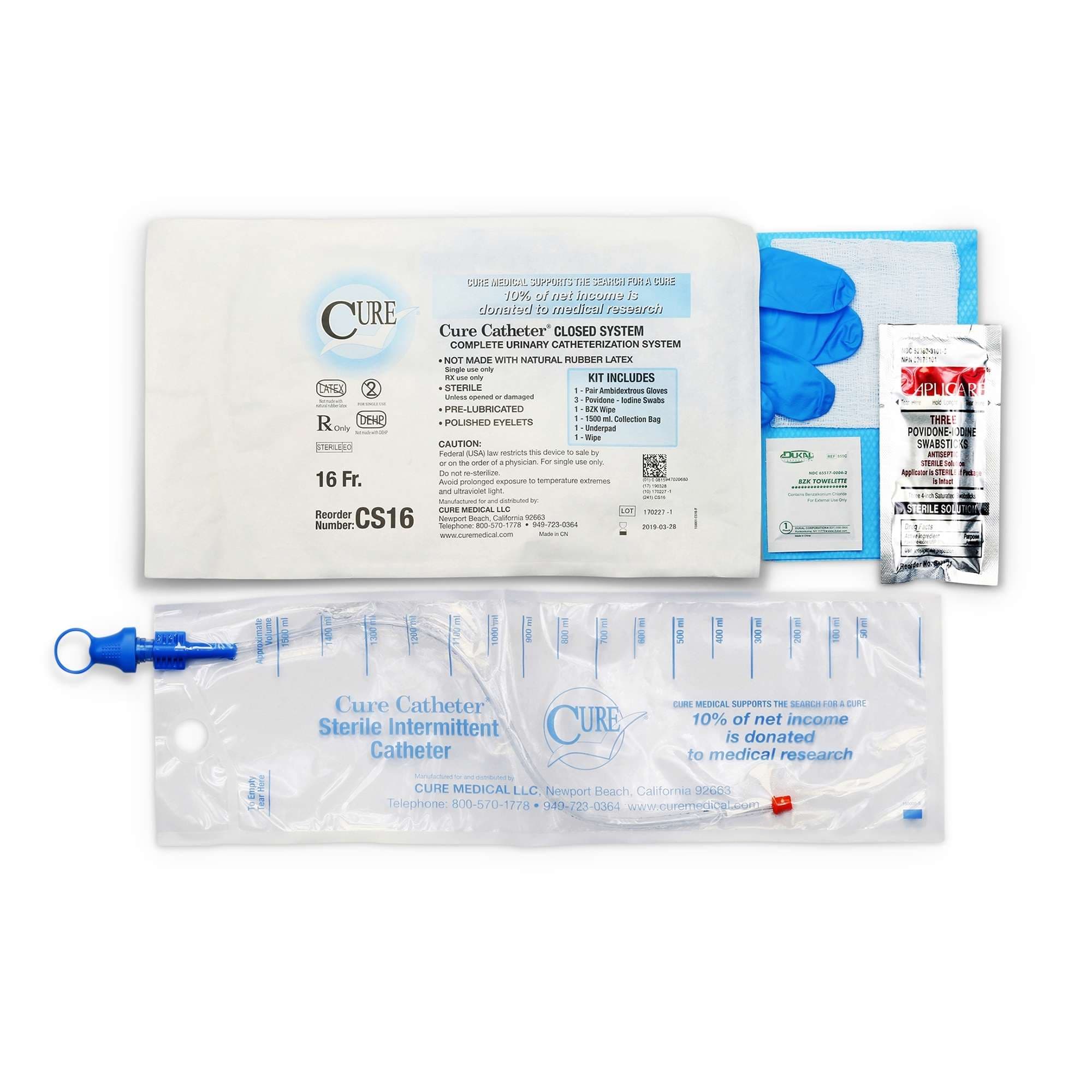 Cure Closed System Intermittent Catheter Kit, 16 Fr - Case of 100 - Image 1